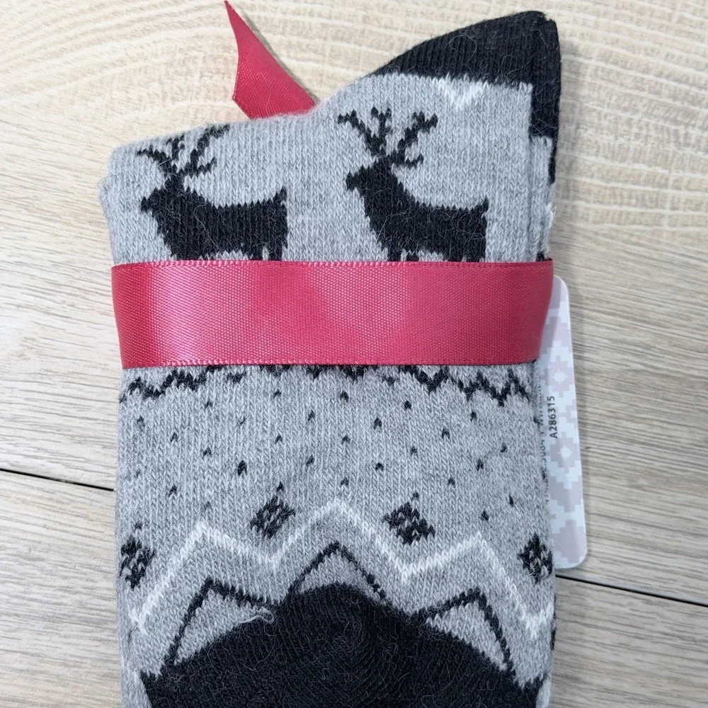 MUK LUKS Womens Crew Socks Gray Black Reindeer Fair Isle Christmas Holiday NWT